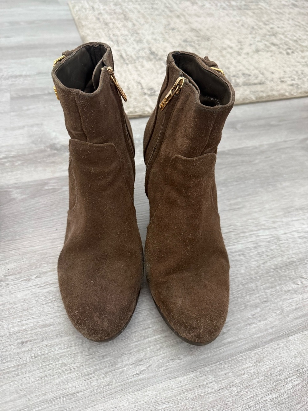 Tory Burch Brown Suede Ankle Booties with Gold Zipper Detail